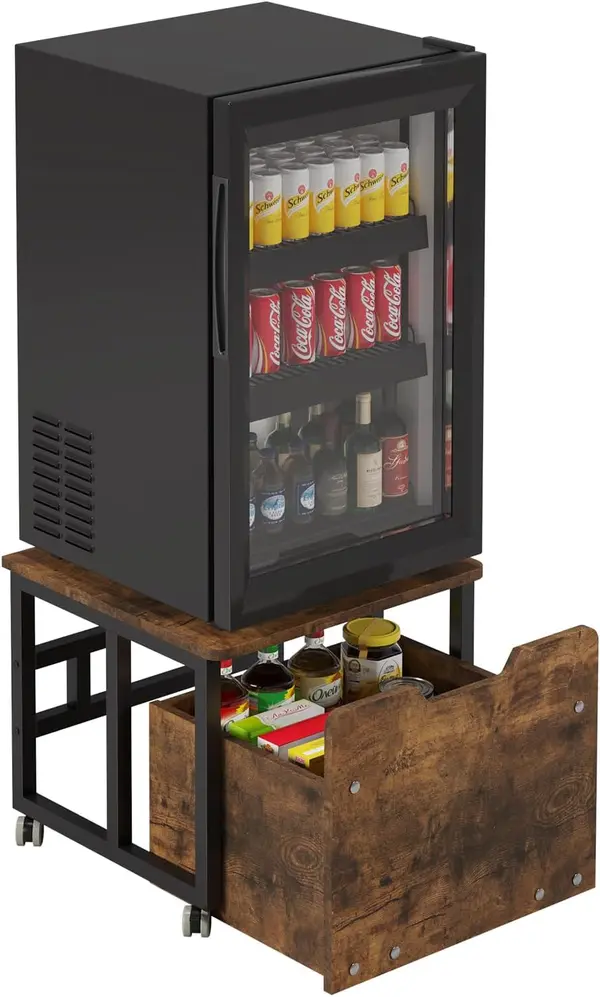 Mini Fridge Stand, 2-Tier Mobile Fridge Stand with Large Drawer for Beverage Refrigerator Coffee Bar Safe Box, 19.7x19.7 inches 180 lbs Capacity Fridge Cart with storage for Home Office Dorm (Brown)