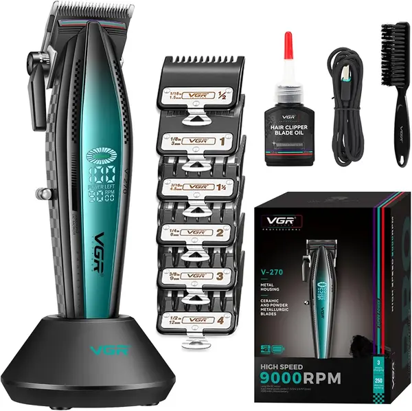 VGR 270 Hair Clippers for Men Professional, Low Noise Cordless High Speed 9000 RPM Fresh Fade Ceramic Blade Barber Clippers, Hair Cutting Kit with 6 Guide Combs, USB Charging Base, LED Display