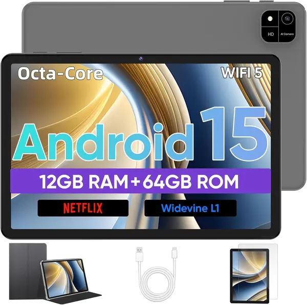 Tablet Android 15 Tablets 10 inch with Octa-Core Processor, 12GB RAM 64GB ROM 2TB Expand, 1280x800 HD Touchscreen, GPS, WiFi 5, Dual Camera, BT5.0, 6000mAh, Widevine L1, Google Tablet (Black)