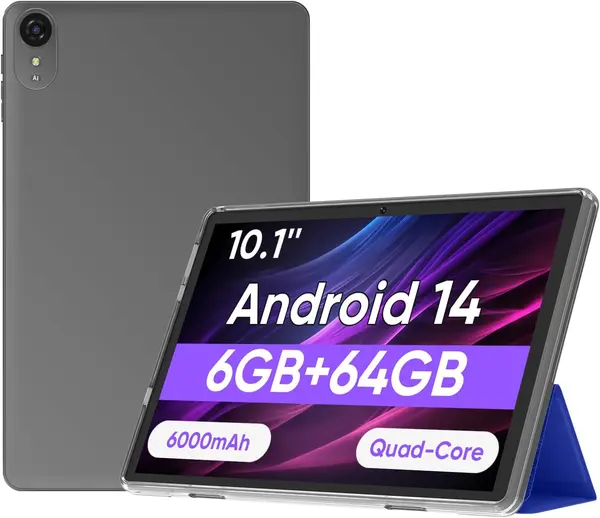 HUIHUANG Tablet 10.1 inch Android 14 Tablets, 6GB RAM 64GB ROM 1TB Expansion, Large Capacity Battery, Quad-Core, 1280x800 IPS HD, GPS, WiFi, Dual Camera, Bluetooth 5.0, Folding Case